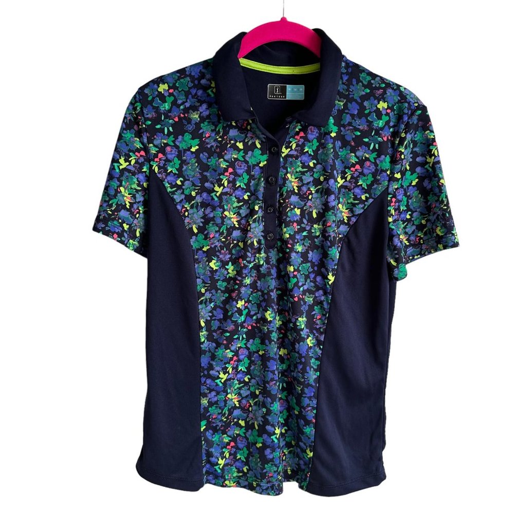 PGA Tour Navy Floral Print Short Sleeve Tennis Golf Ladies Polo, M